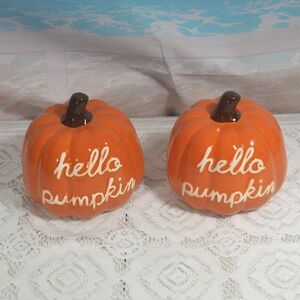 Fall into Autumn Hello Pumpkin Ceramic Pumpkins` Set of 2